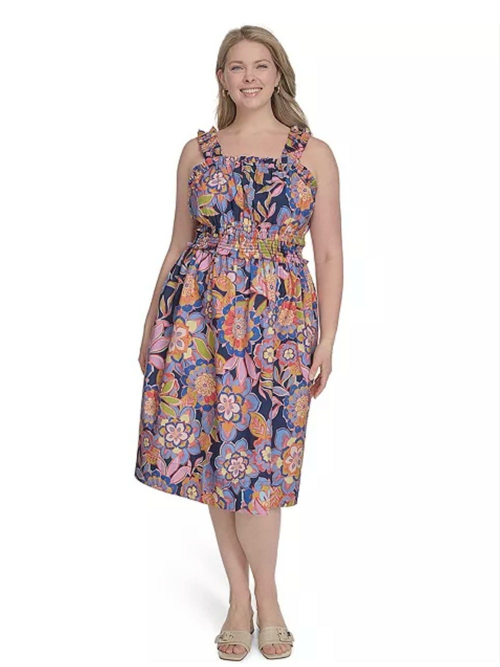 Eliza J Navy Floral Smocked Midi Dress with Pink and Orange Blooms